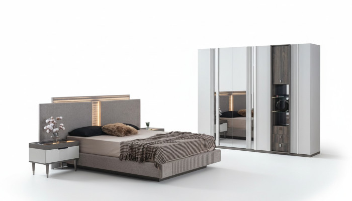 Schlafzimmer Set Modern Bett 2x Nachttisch und Kleiderschrank 4tlg Neu