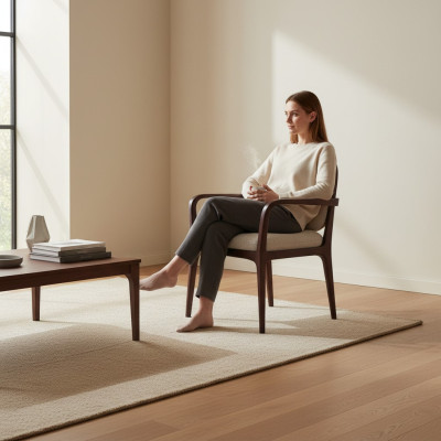 Designer Grauer Polsterstuhl Esszimmer Möbel Braunes Holzgestell Sessel Stuhl