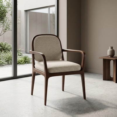Designer Grauer Polsterstuhl Esszimmer Möbel Braunes Holzgestell Sessel Stuhl