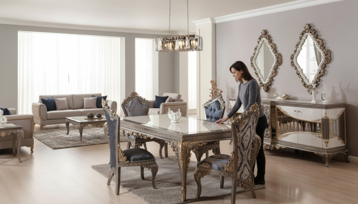 Weiß-Taupe Esszimmer Garnitur Esstisch Esszimmer Stühle Kommode Spiegel