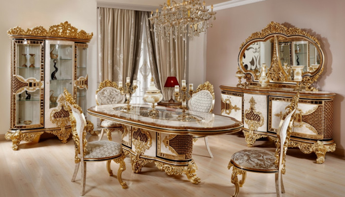 Luxuriöses Esszimmer Set Weiß-Gold Esstisch 4x Stühle Kommode 6tlg Möbel