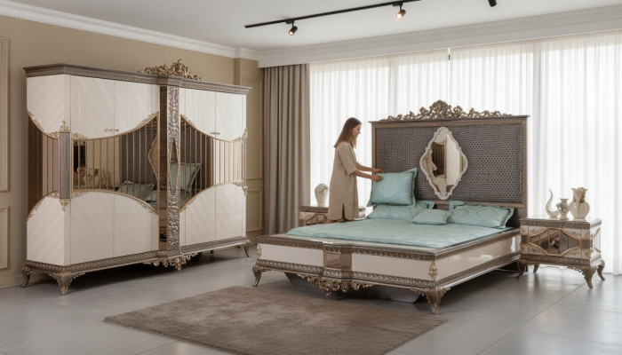 Weiß-Goldene Schlafzimmer Garnitur Doppelbett 2x Nachttische Schrank Set Bett