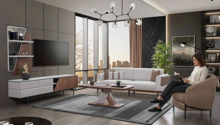 Modernes Wohnzimmer Set 3-Sitzer Couchtisch TV-Ständer Wandregal 5tlg