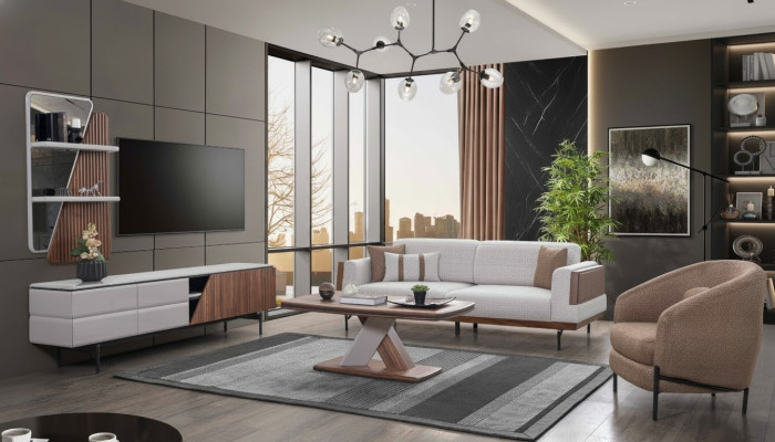 Modernes Wohnzimmer Set 3-Sitzer Couchtisch TV-Ständer Wandregal 5tlg
