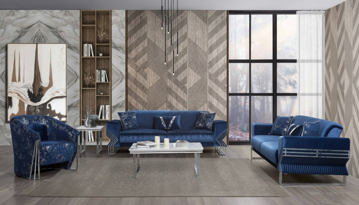Wohnzimmer Blaue Couchgarnitur Designer Dreisitzer Sessel Couchtisch