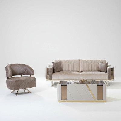 Moderne Wohnzimmer Garnitur Designer Beiger Dreisitzer Sessel Couchtisch