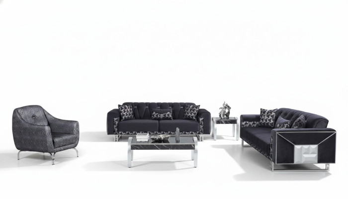 Schwarz-Graue Wohnzimmer Sitzgarnitur Designer Sofas Beistelltisch 5tlg