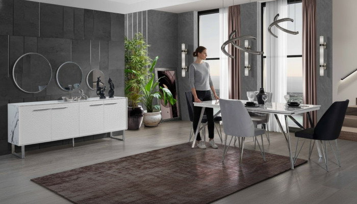 Grau-Weiße Esszimmer Möbel Kommode Esstisch Luxuriöse Polsterstühle
