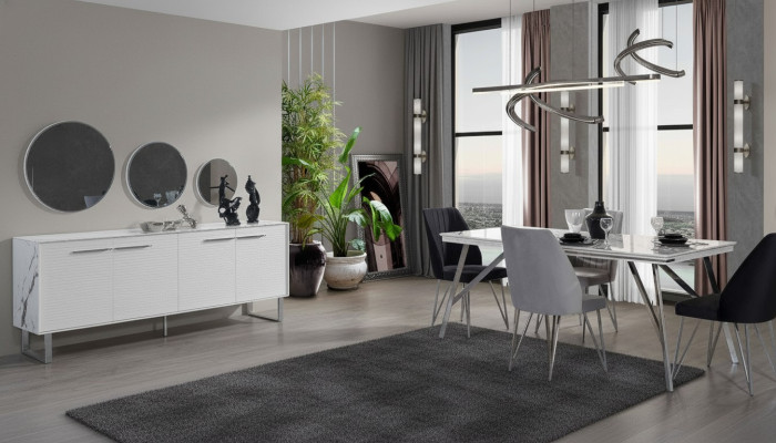 Grau-Weiße Esszimmer Möbel Kommode Esstisch Luxuriöse Polsterstühle