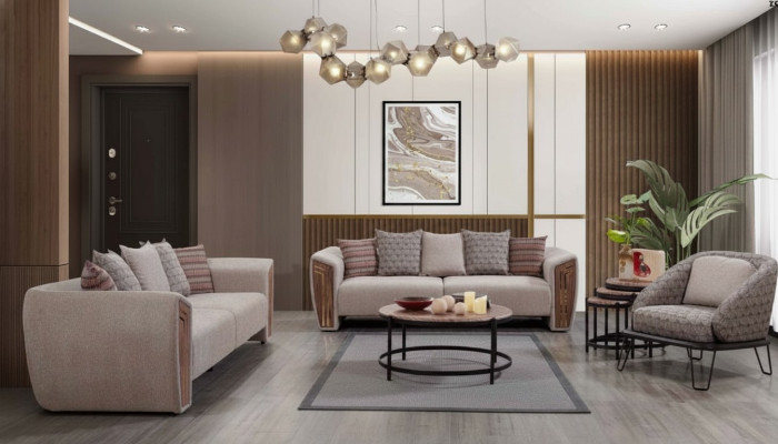 Beige Wohnzimmer Polster Sofagarnitur Dreisitzer Sessel Textil Möbel