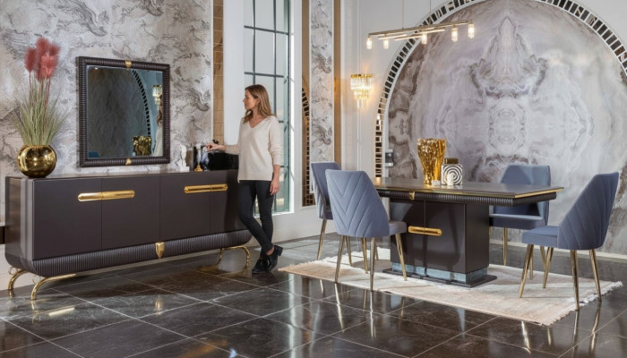 Esszimmer Edelstahl Garnitur Designer Esstisch 4x Stühle Kommode 7tlg