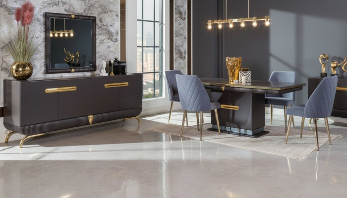 Esszimmer Edelstahl Garnitur Designer Esstisch 4x Stühle Kommode 7tlg