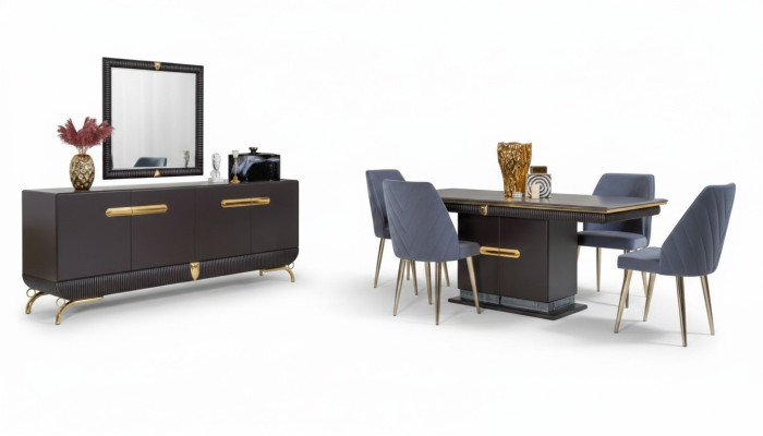 Esszimmer Edelstahl Garnitur Designer Esstisch 4x Stühle Kommode 7tlg