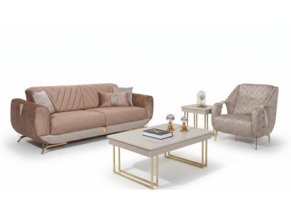 Beige Wohnzimmer Garnitur Luxus 3-Sitzer Polstersessel Beistelltisch