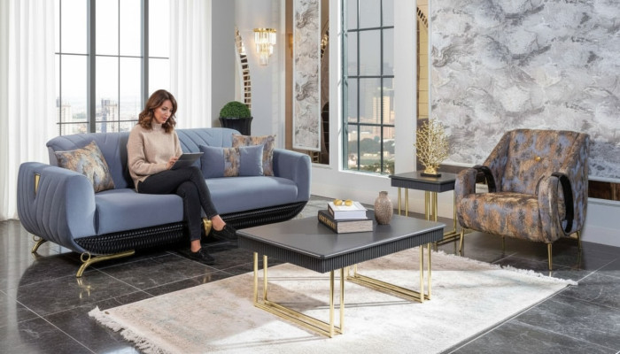 Moderne Polster Wohnzimmer Möbel Designer Blauer Dreisitzer Sessel 4tlg