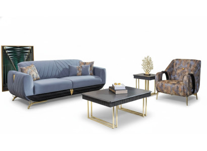Moderne Polster Wohnzimmer Möbel Designer Blauer Dreisitzer Sessel 4tlg