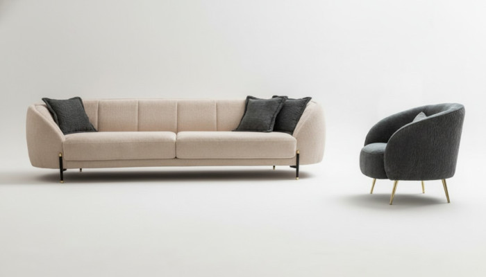 Modern Sessel Polster Sofa 3 Sitzer Beige Hochwertig Sofas Design Textil neu