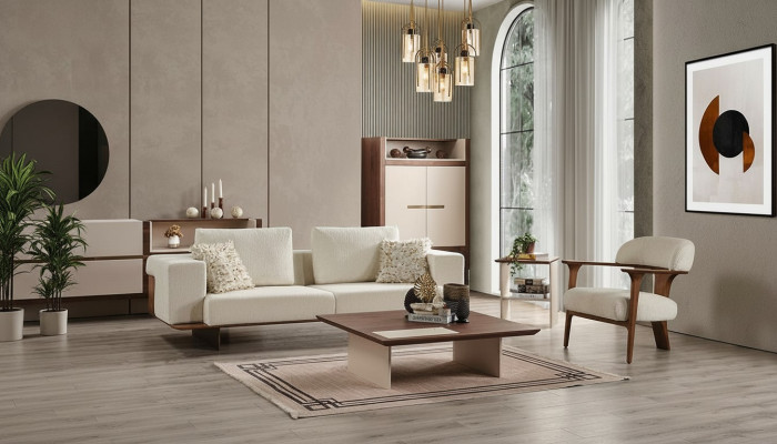 Modern Weiß Sofagarnitur 3 1 Sitzer Textil Holz Sessel Komplett Set neu
