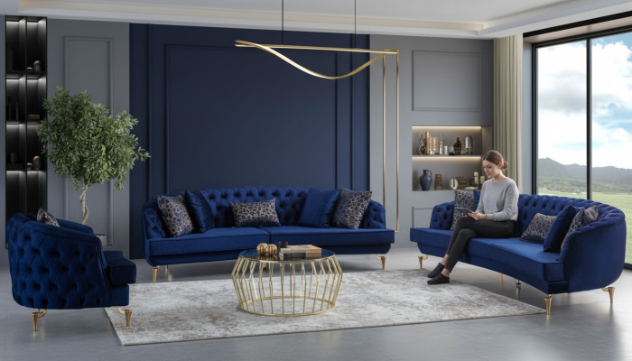 Moderne Blaue Chesterfield Couchgarnitur Polstermöbel 4-Sitzer Sessel