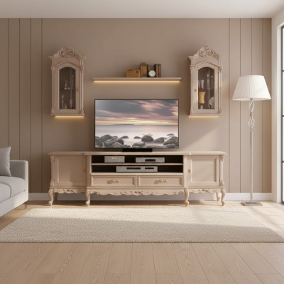 Wohnwand Lowboard Modern Wohnzimmer Braun Regale Holz 2x Wandvitrine Neu