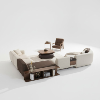 Wohnzimmer Garnitur Ecksofa U-Form Neu Sessel Luxus Holz Couchtisch Hocker
