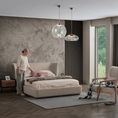 Modern Beige Doppel Bett Schlafzimmer Set 2x Nachttische Luxus Neu Möbel