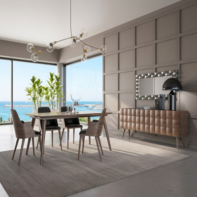 Komplett Set 7tlg Esszimmer Esstisch Neu 4x Stühle Luxus Sideboard mit Spiegel