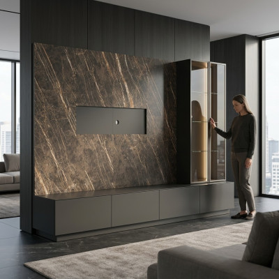 Designer Wohnwand 6tlg Luxus Holzmöbel Wohnzimmermöbel Grau Modern