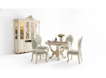 Perlweiß Esszimmer Set Esstisch 6x Stühle Vitrine 8tlg Luxus-Set