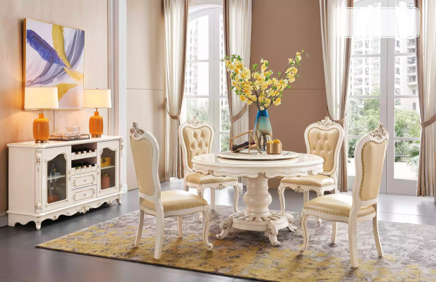 Klassischer Hellbeiger Esszimmer Set Luxus Runder Esstisch und x4 Chesterfield Stühle 5tlg. Garnitur