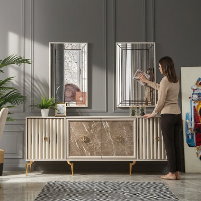 Modernes Sideboard mit 2x Spiegeln Designer Luxus Wohnzimmer Möbel Holz