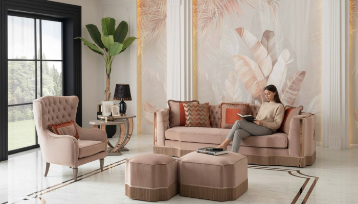 Luxus Wohnzimmer Schiker Sofa 4 Sitzer Sessel mit 2x Hocker Stilvolle Möbel