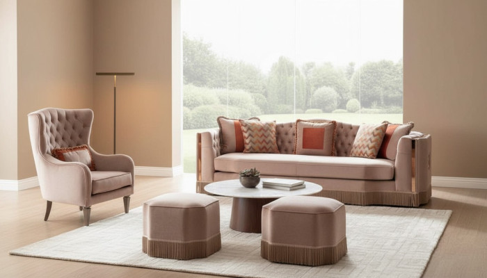 Luxus Wohnzimmer Schiker Sofa 4 Sitzer Sessel mit 2x Hocker Stilvolle Möbel