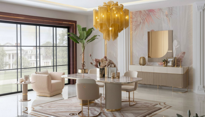 Luxus Designen Esszimmer Set Esstisch 4x Stühle Sideboard Spiegel Möbel