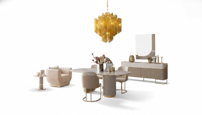 Luxus Designen Esszimmer Set Esstisch 4x Stühle Sideboard Spiegel Möbel