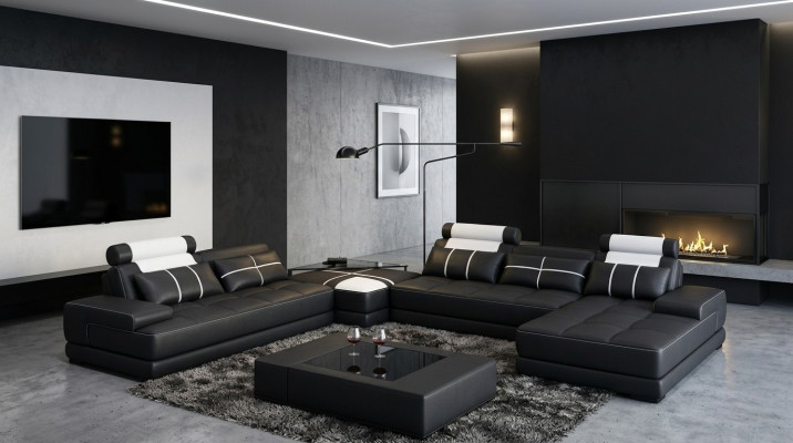Ecksofa Sofa mit USB,Wohnlandschaft Ledersofa XXL Designer Sofas Wolfhagen S/W