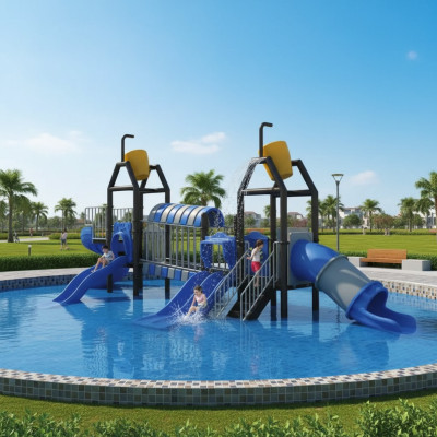 Spielplatz für Kinder Spielturm aus Plastik Rutscht ins Wasser