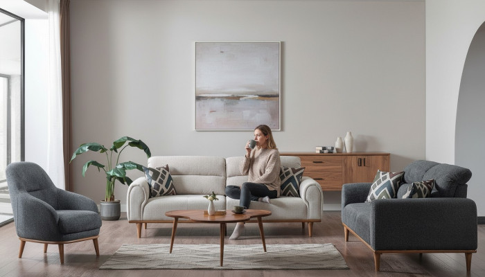 Sofagarnitur 3+3+1 Sitzer Wohnzimmer Set Komplett Textil Holz Sofa Sessel Neu