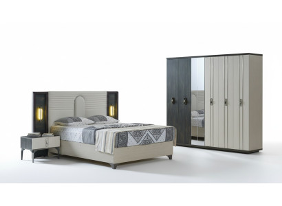 Luxus Schlafzimmer Set 4 tlg. Bett 2x Nachttische Kleiderschrank Beige