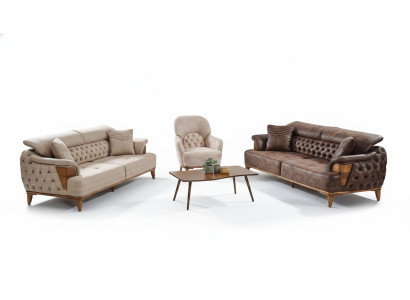 Sofagarnitur 3+3+1 Holz Wohnzimmer Luxus Sofa Chesterfield Stoff Neu Komplett