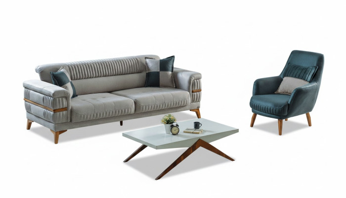 Sofagarnitur 3+1 Sitzer Textil Holz Sofa 3 Sitzer Modern Sessel Komplett Set Neu