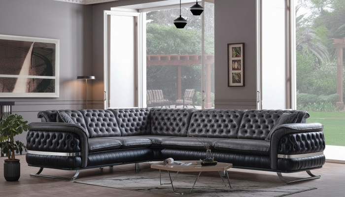 Ecksofa Wohnlandschaft Farbe Schwarz U Form XXL Sofa Neu Chesterfield Neu