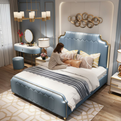 Modern Bett Doppelbett Betten Holz Blau Stil Holz Schlafzimmer Neu