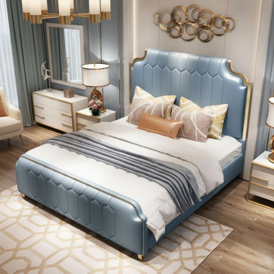 Modern Bett Doppelbett Betten Holz Blau Stil Holz Schlafzimmer Neu