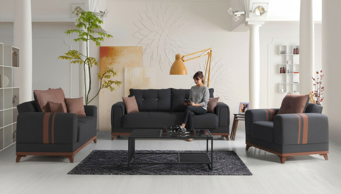 Graue Sofagarnitur 3+2+1 Sitzer Sofa Komplett Set Relax Sessel 3tlg.