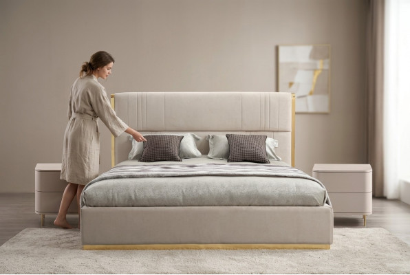 Schlafzimmer Set Bett Grau Metall Stoff Design Luxus 2x Nachttische 3tlg. Neu-