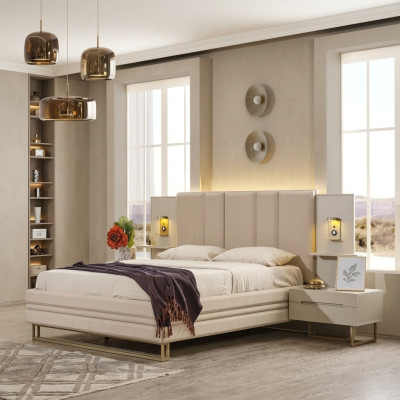 Schlafzimmer Set Luxus Komplettes Beige Bett 2x Nachttische Modern