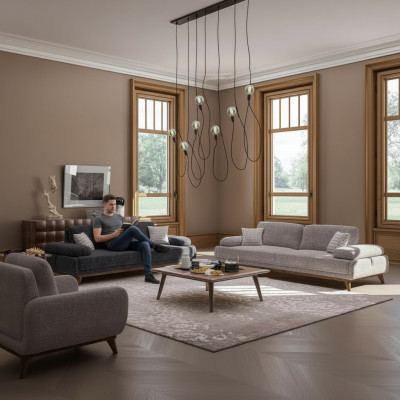 Wohnzimmer Set Grau Sofa Zweisitzer mit Dreisitzer Textil Design Couchtisch