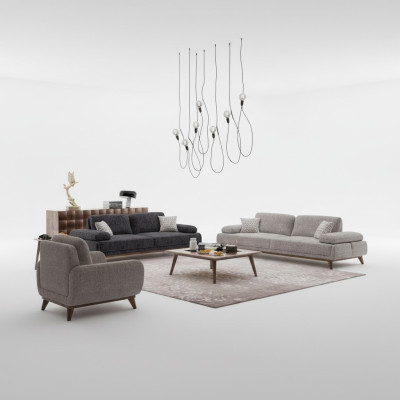 Wohnzimmer Set Grau Sofa Zweisitzer mit Dreisitzer Textil Design Couchtisch