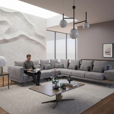 Luxus Set Wohnzimmer Textil Polstersofa L-Form Holz Couchtisch mit Beistelltisch